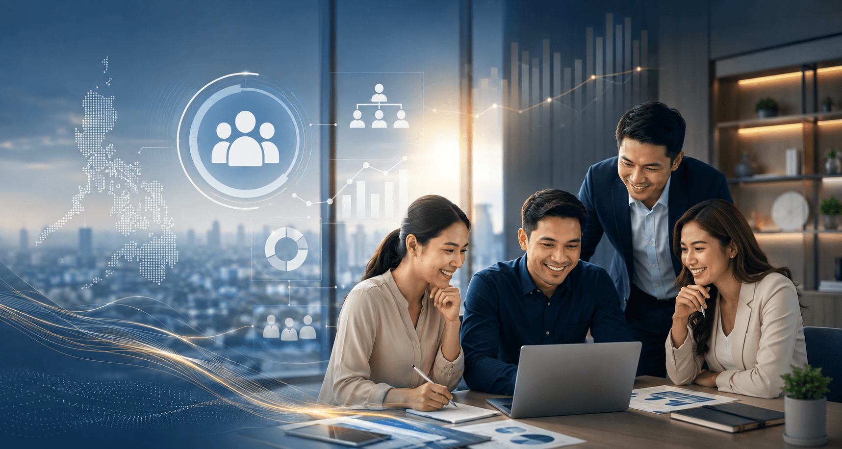 Excelsior team analyzing business metrics and charts