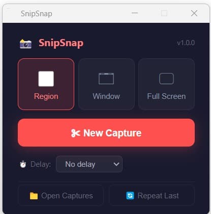 SnipSnap launcher window showing capture modes and the New Capture button